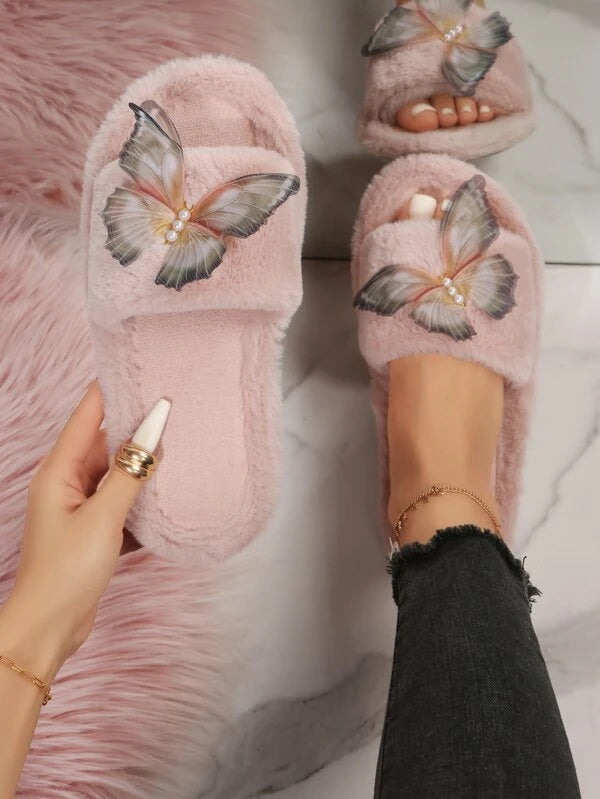 Pantufa Feminina De Pelúcia Decoração Borboleta Com Pérolas Chinelo Delicado E Confortável