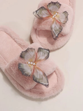 Pantufa Feminina De Pelúcia Decoração Borboleta Com Pérolas Chinelo Delicado E Confortável