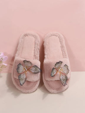 Pantufa Feminina De Pelúcia Decoração Borboleta Com Pérolas Chinelo Delicado E Confortável