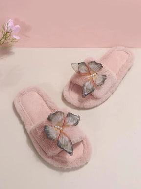 Pantufa Feminina De Pelúcia Decoração Borboleta Com Pérolas Chinelo Delicado E Confortável