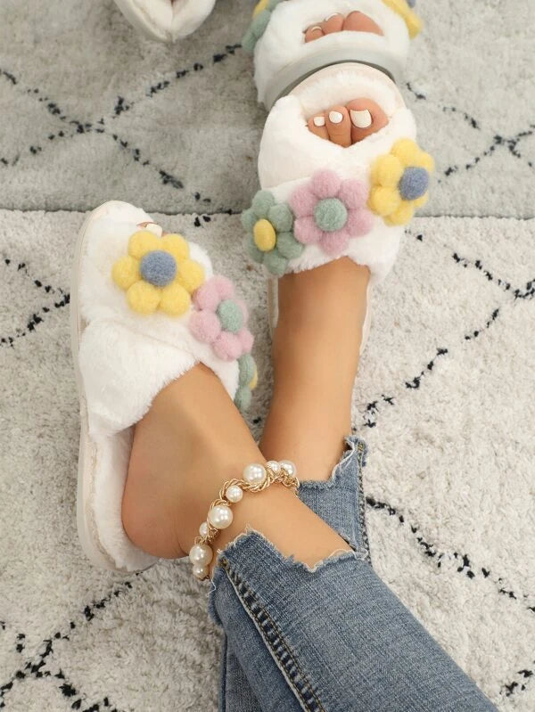 Pantufa Feminina De Pelúcia Decoração De Flores Coloridas Chinelo Cruzado