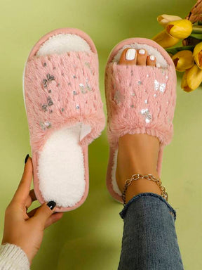 Pantufa Feminina Estampa De Borboletas Prateadas Chinelo respirável Com Sola Antiderrapante