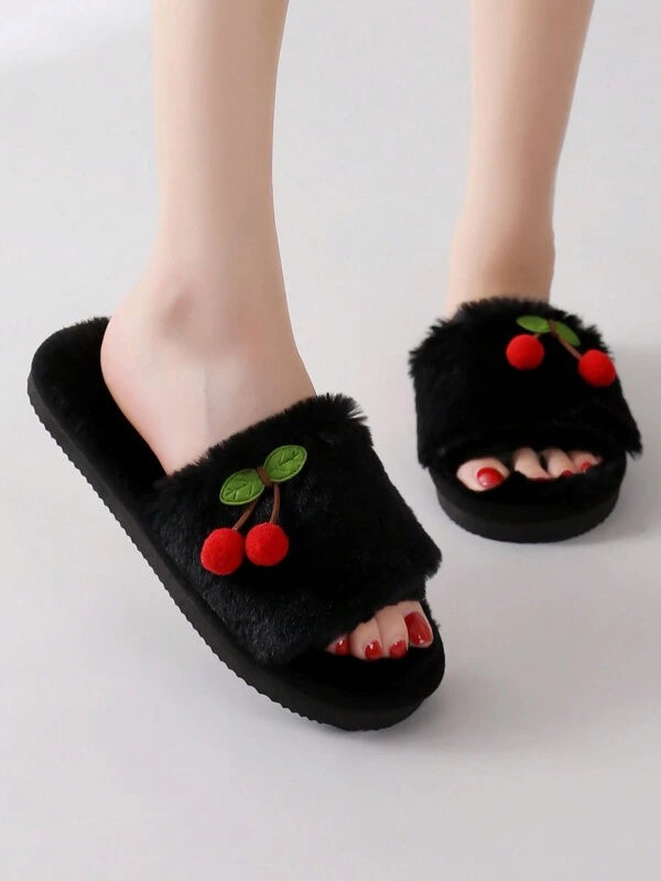 Pantufa Feminina De Pelúcia Estampa Cereja Chinelo Macio E Confortável