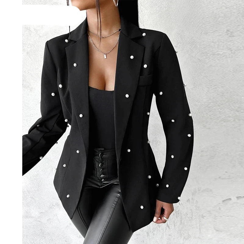 Jaqueta Feminina Elegante Moda Blazer Com Pérolas E Lapela Moda Inverno