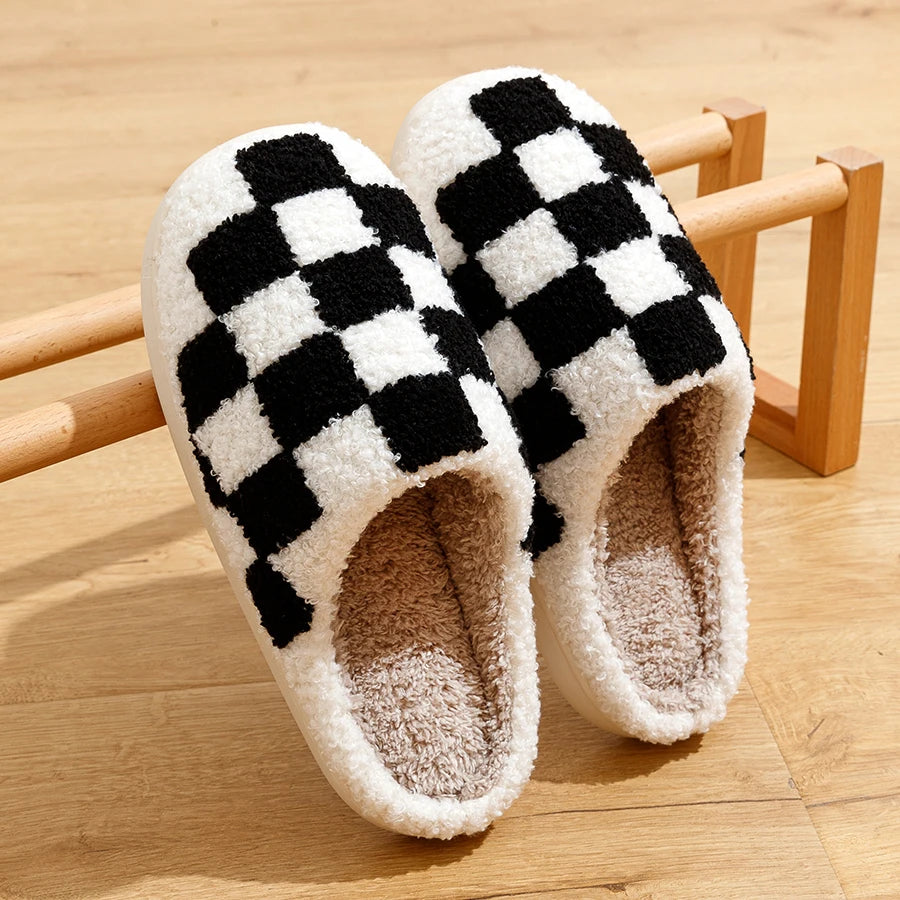 Pantufa Unissex Retrô Estampa Xadrez Chinelo De Algodão Para Inverno