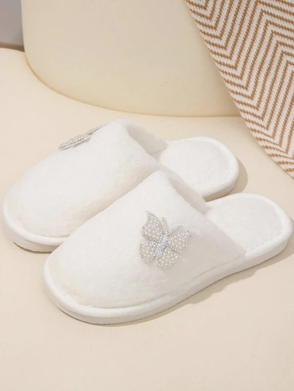 Pantufa Feminina Decoração Borboleta Com Pérolas Design Delicado Para Mulheres